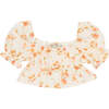 Fiorella Floral Print Square Neck Puff Sleeve Blouse, Orange - Blouses - 1 - thumbnail