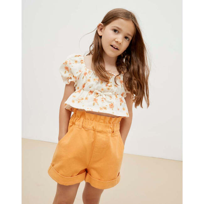 Fiorella Floral Print Square Neck Puff Sleeve Blouse, Orange - Blouses - 3