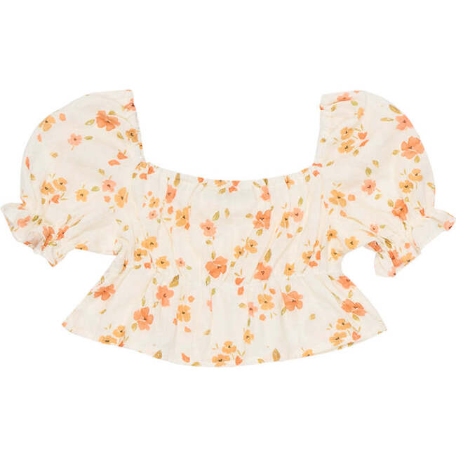 Fiorella Floral Print Square Neck Puff Sleeve Blouse, Orange - Blouses - 4