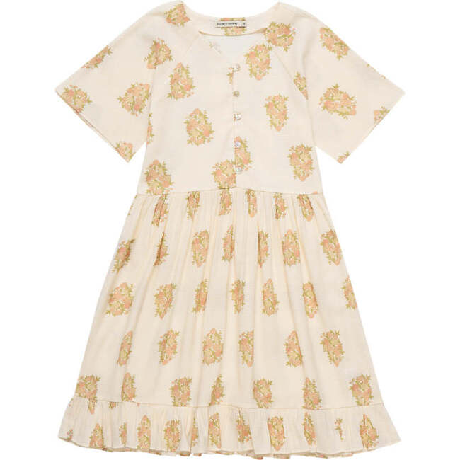 Loretta Floral Print V-Neck Short Raglan Sleeve Dress, Beige - Dresses - 1