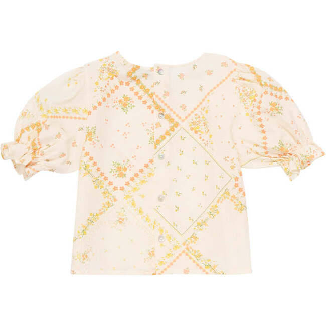 Idara Floral Print Round Neck Short Voluminous Sleeve Blouse, Cream - Pants - 2