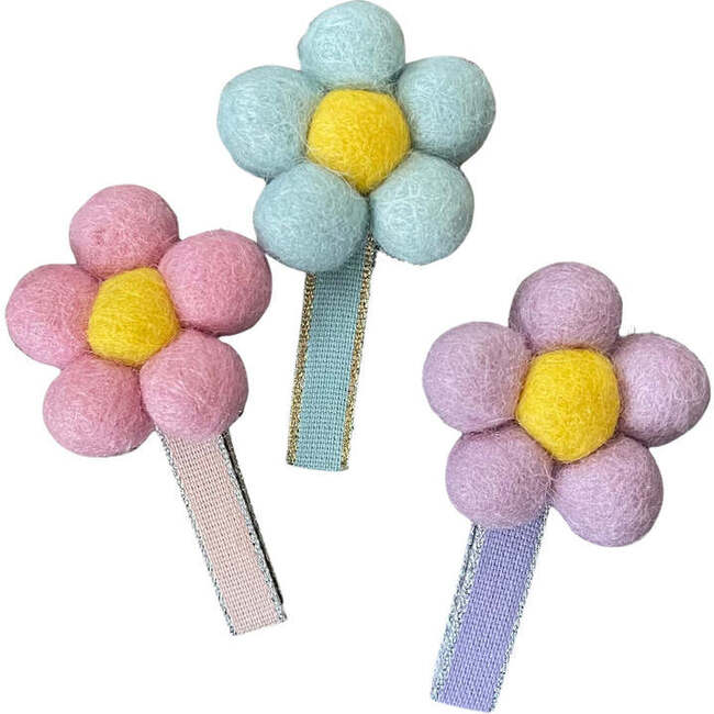Daisy Ribbon Lined Bar Clip Trio Set, Pink, Blue And Purple - Hair Accessories - 1