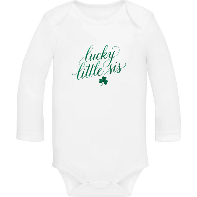 Lucky Little Sis Baby Bodysuit, White