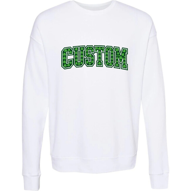 Personalized Adult Varsity Shamrock Print Sweatshirt, White