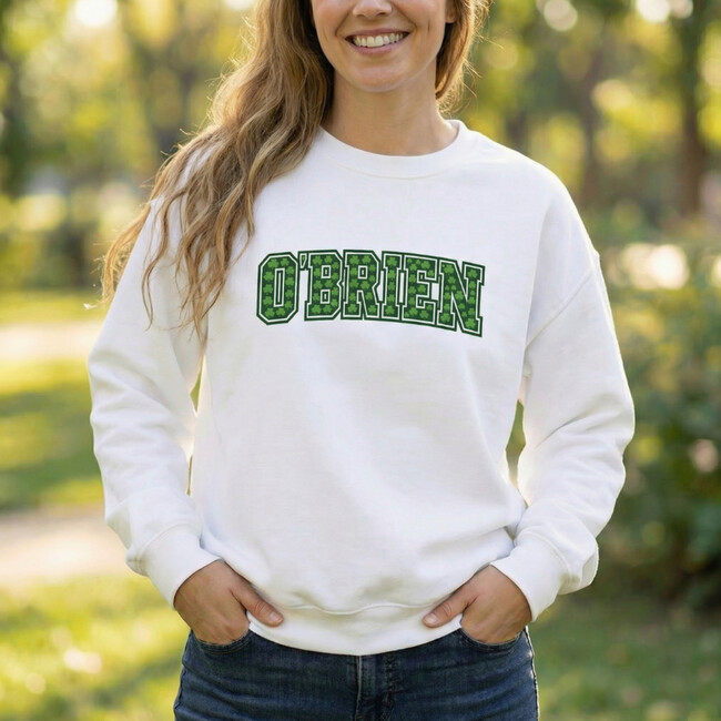 Personalized Adult Varsity Shamrock Print Sweatshirt, White