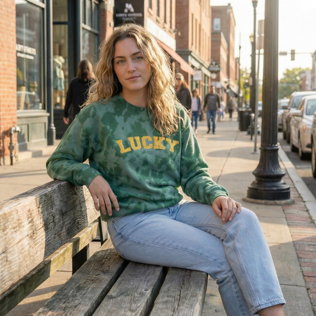 Embroidered Lucky Sweatshirt, Tie-Dye Green