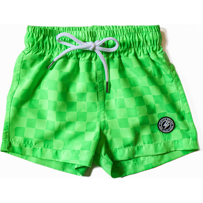 Neon Green Checker Swim Trunks