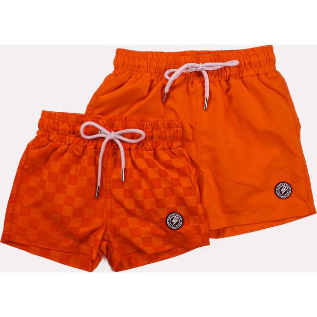 Neon Orange Checker Swim Trunks