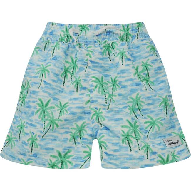 UPF 50+ Wesley Swim Trunks with Mesh Liner, Painted Palms Blue