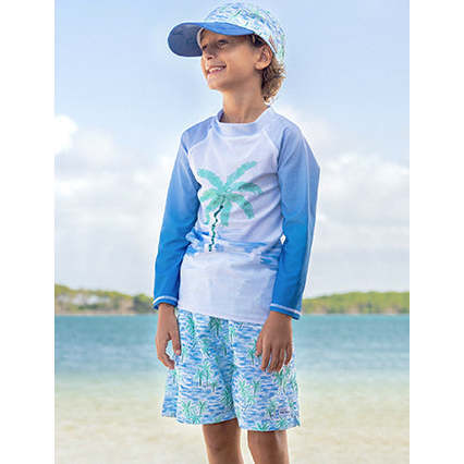 UPF 50+ Wesley Swim Trunks with Mesh Liner, Painted Palms Blue