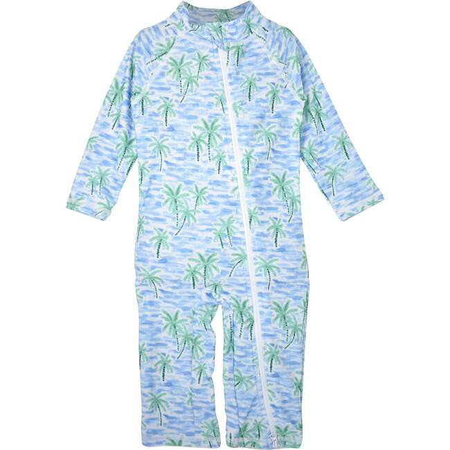 UPF 50+ Long Surf Swimsuit, Ankle Length, Painted Palms Blue