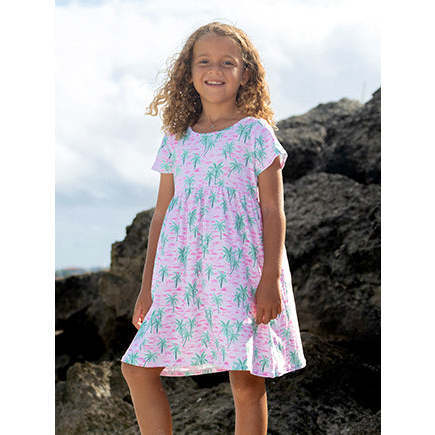 UPF 50+ Laya Short Sleeve Tee Dress, Artsy Palms Pink
