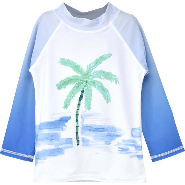 UPF 50+ Graphic Rash Guard Swim Top, Painted Palms Blue