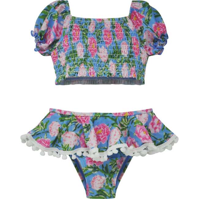 UPF 50+ Gemma Two Piece Smocked Pom-Pom Swimsuit, Peony Patch