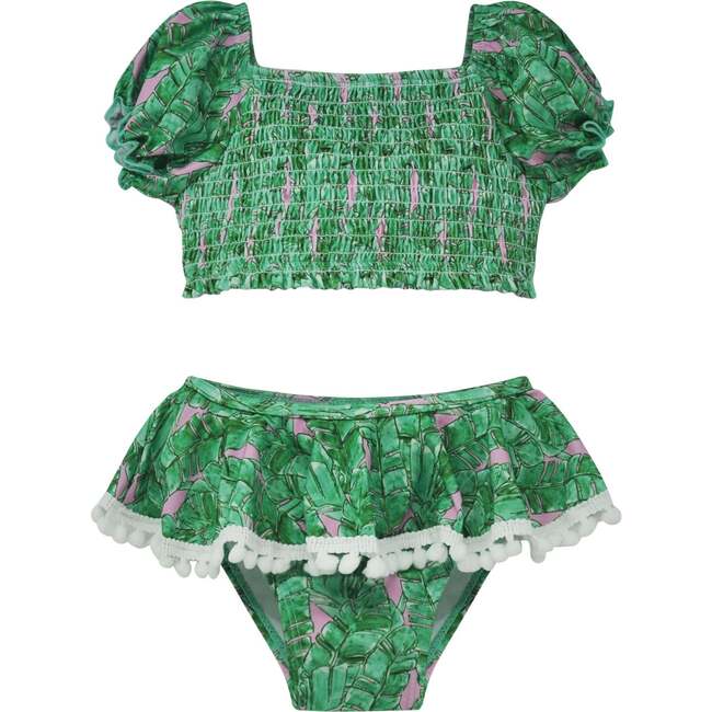 UPF 50+ Gemma Two Piece Smocked Pom-Pom Swimsuit, Tropical Fronds