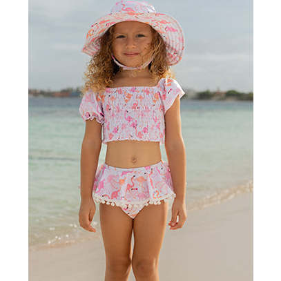 UPF 50+ Gemma Two Piece Smocked Pom-Pom Swimsuit, Flamingo Love
