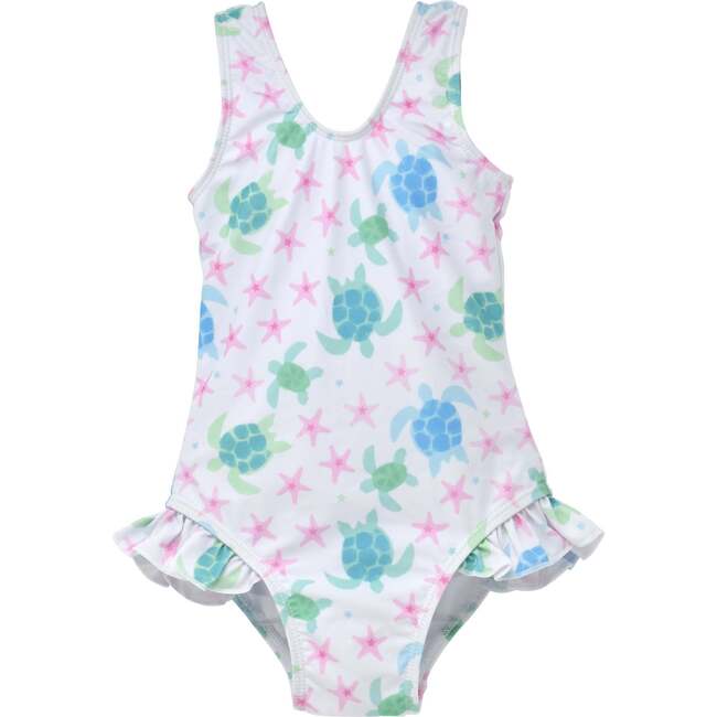 UPF 50+ Delaney Hip Ruffle Swimsuit, Starry Sea Turtle