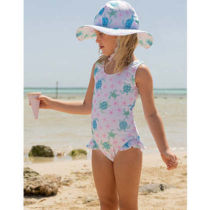 UPF 50+ Delaney Hip Ruffle Swimsuit, Starry Sea Turtle