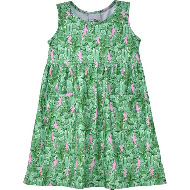 UPF 50+ Dahlia Sleeveless Tee Dress w/ Pockets, Tropical Fronds