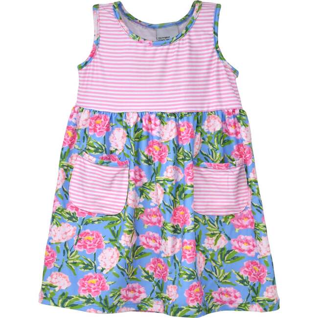 UPF 50+ Dahlia Sleeveless Tee Dress w/ Pockets, Peony Patch