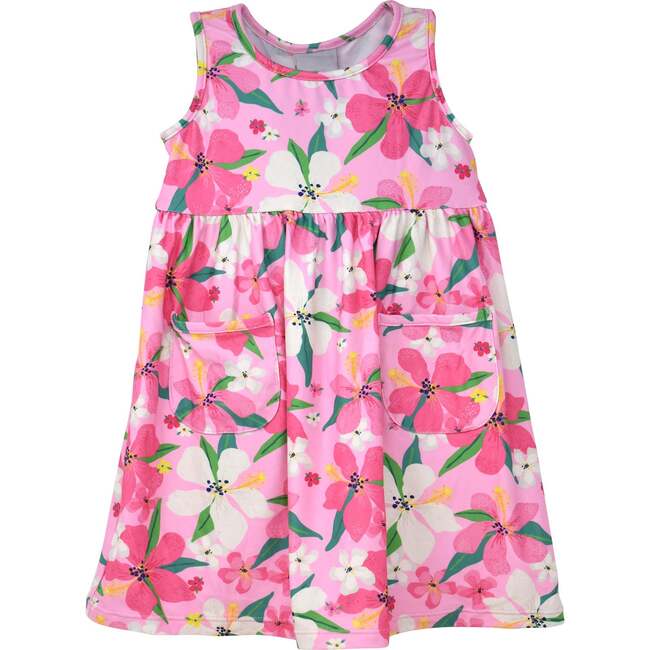 UPF 50+ Dahlia Sleeveless Tee Dress w/ Pockets, Hibiscus Dream