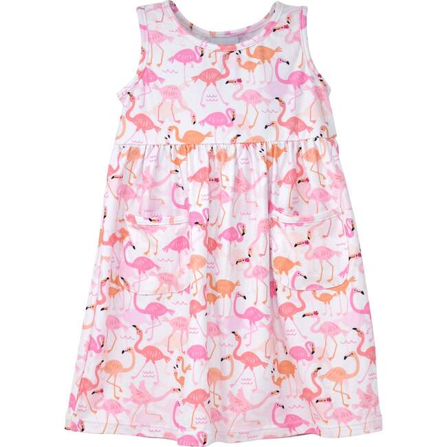 UPF 50+ Dahlia Sleeveless Tee Dress w/ Pockets, Flamingo Love