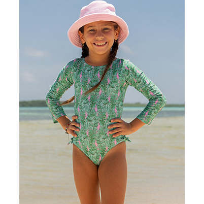 UPF 50+ Charlie L/S Rash Guard Swimsuit, Tropical Fronds - One Pieces - 3
