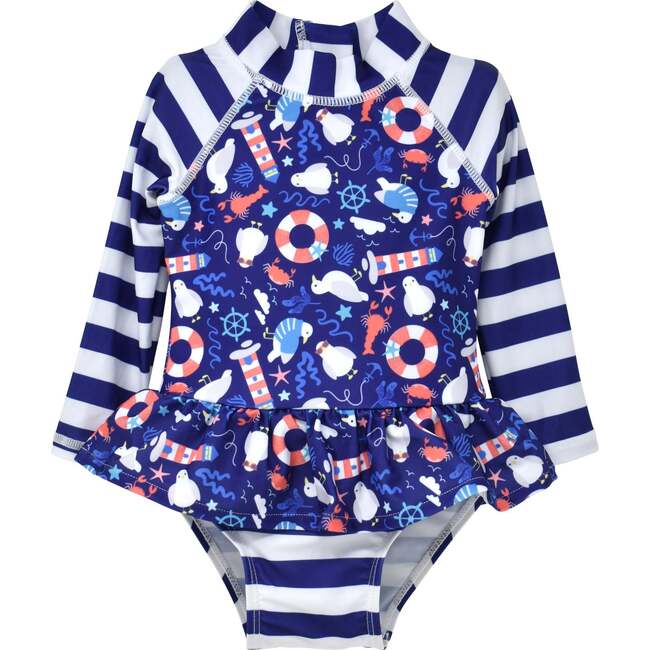 UPF 50+  Alissa Infant Ruffle Rash Guard Swimsuit, Seagull Shores