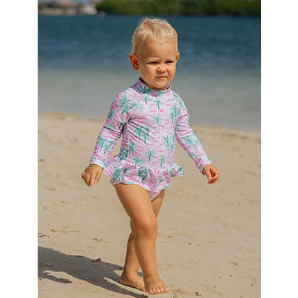 UPF 50+  Alissa Infant Ruffle Rash Guard Swimsuit, Artsy Palms Pink