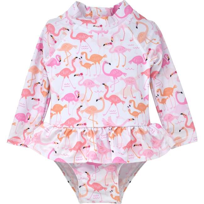 UPF 50+  Alissa Infant Ruffle Rash Guard Swimsuit, Flamingo Love