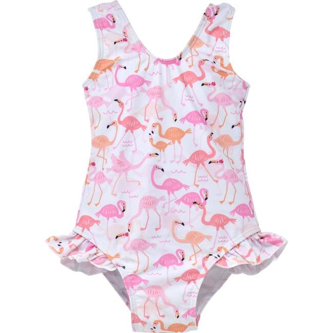 UPF 50+   Delaney Hip Ruffle Swimsuit, Flamingo Love