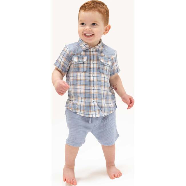 Western Boot Plaid - Short Sleeve Western Pearl Snap Shirt with Casual Short