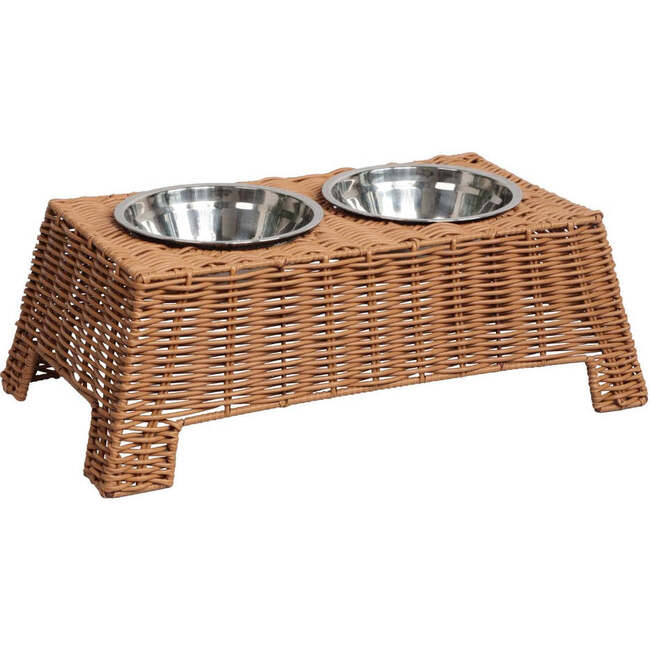 Serenity 6.9" Elevated Wicker Pet Feeder with 18oz (2.2 Cups) 2-Stainless Steel Bowls, Brown