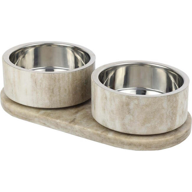 Marbre Modern Weighted Double Marble and Stainless Steel Bowl 12oz (1.5 Cups) Feeder with Non-Slip Marble Tray Set, Gray/Brown