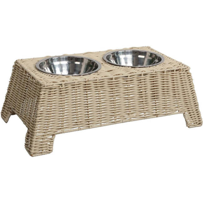 Serenity 6.9" Elevated Wicker Pet Feeder with 18oz (2.2 Cups) 2-Stainless Steel Bowls, Almond