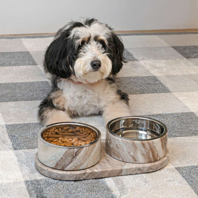 Marbre Modern Weighted Double Marble and Stainless Steel Bowl 12oz (1.5 Cups) Feeder with Non-Slip Marble Tray Set, Gray/Brown