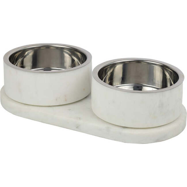 Marbre Modern Weighted Double Marble and Stainless Steel Bowl 12oz (1.5 Cups) Feeder with Non-Slip Marble Tray Set, White