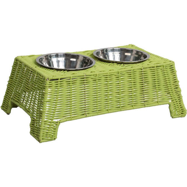 Serenity 6.9" Elevated Wicker Pet Feeder with 18oz (2.2 Cups) 2-Stainless Steel Bowls, Light Green