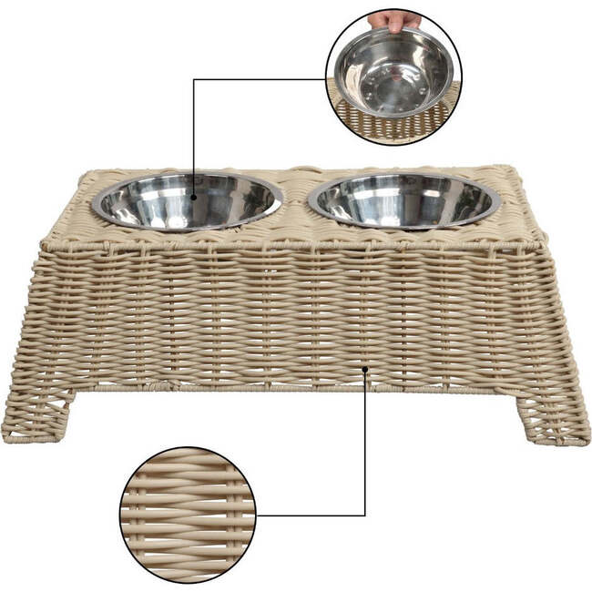 Serenity 6.9" Elevated Wicker Pet Feeder with 18oz (2.2 Cups) 2-Stainless Steel Bowls, Almond