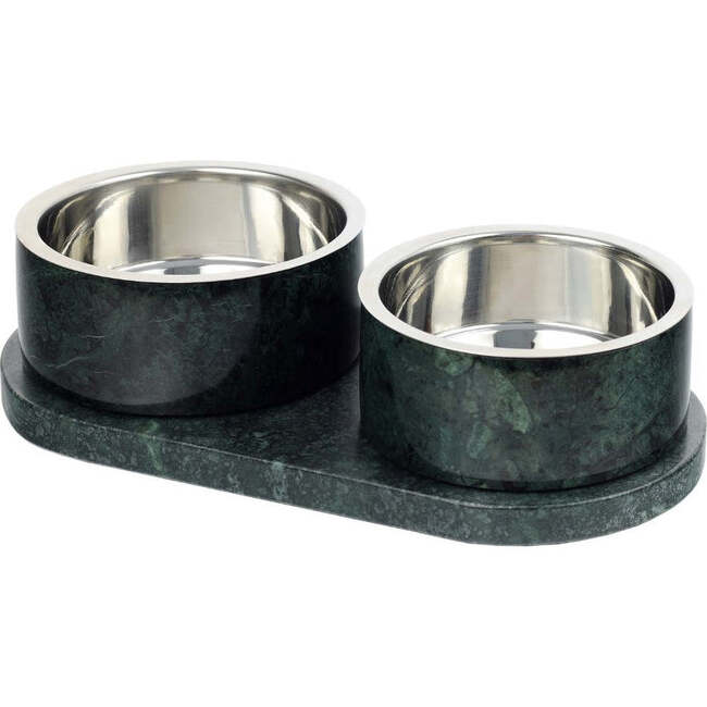 Marbre Modern Weighted Double Marble and Stainless Steel Bowl 12oz (1.5 Cups) Feeder with Non-Slip Marble Tray Set, Green
