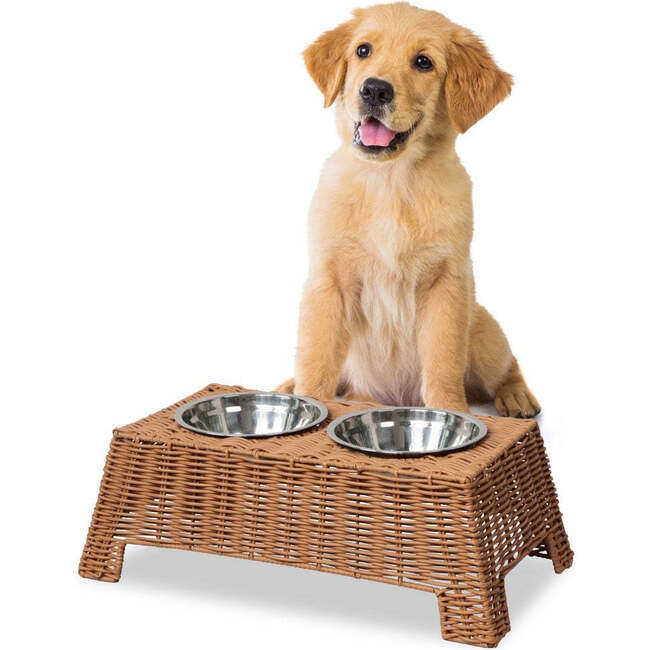 Serenity 6.9" Elevated Wicker Pet Feeder with 18oz (2.2 Cups) 2-Stainless Steel Bowls, Brown - Pet Bowls & Feeders - 3