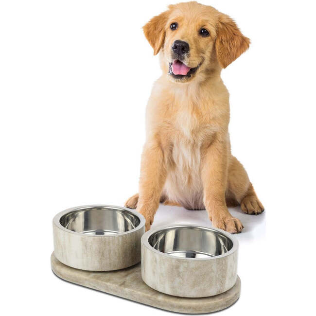 Marbre Modern Weighted Double Marble and Stainless Steel Bowl 12oz (1.5 Cups) Feeder with Non-Slip Marble Tray Set, Gray/Brown - Pet Bowls & Feeders - 3