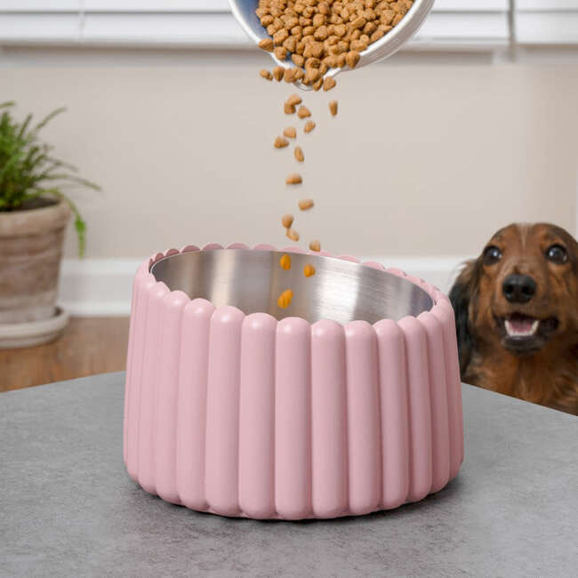 Ripple Ridge Slanted Concrete and Stainless Steel Bowl 16oz (2 Cups) Pet Feeder, Pink
