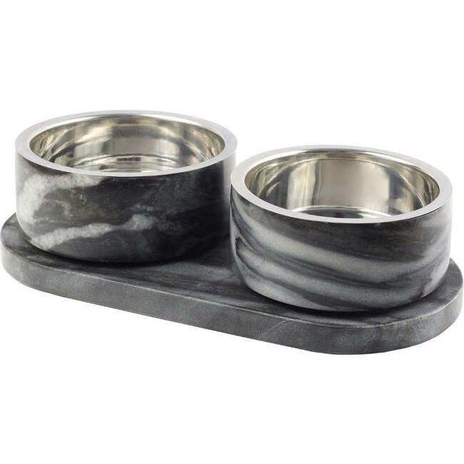 Marbre Modern Weighted Double Marble and Stainless Steel Bowl 12oz (1.5 Cups) Feeder with Non-Slip Marble Tray Set, Black/White
