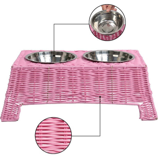 Serenity 6.9" Elevated Wicker Pet Feeder with 18oz (2.2 Cups) 2-Stainless Steel Bowls, Pink