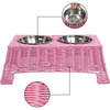 Serenity 6.9" Elevated Wicker Pet Feeder with 18oz (2.2 Cups) 2-Stainless Steel Bowls, Pink - Pet Bowls & Feeders - 2