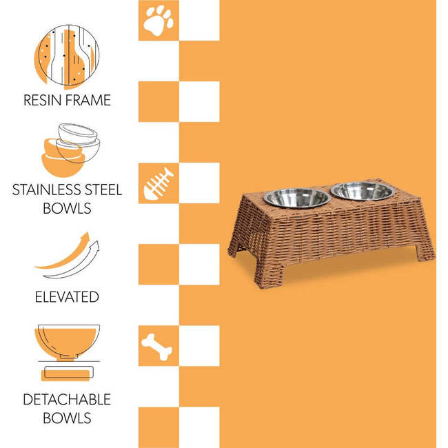 Serenity 6.9" Elevated Wicker Pet Feeder with 18oz (2.2 Cups) 2-Stainless Steel Bowls, Brown - Pet Bowls & Feeders - 4