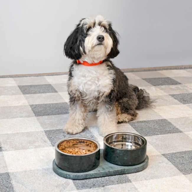 Marbre Modern Weighted Double Marble and Stainless Steel Bowl 12oz (1.5 Cups) Feeder with Non-Slip Marble Tray Set, Green