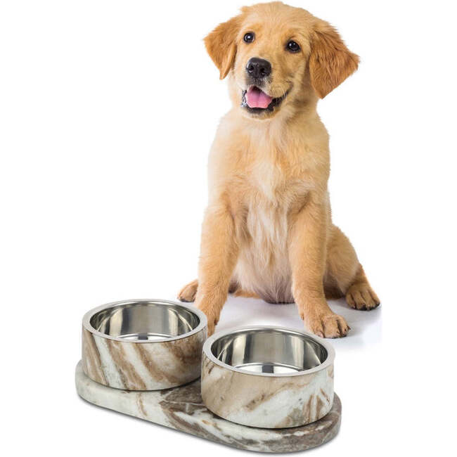 Marbre Modern Weighted Double Marble and Stainless Steel Bowl 12oz (1.5 Cups) Feeder with Non-Slip Marble Tray Set, Beige/Gray - Pet Bowls & Feeders - 3