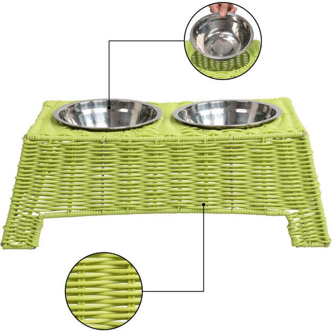 Serenity 6.9" Elevated Wicker Pet Feeder with 18oz (2.2 Cups) 2-Stainless Steel Bowls, Light Green